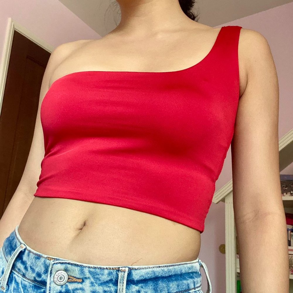 Red One Shoulder Cropped Tank Top